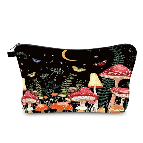 Women Portable Mushroom Print Makeup Bag Vintage Butterfly Floral Travel Toiletry Organizer Waterproof Polyester Storage Bag