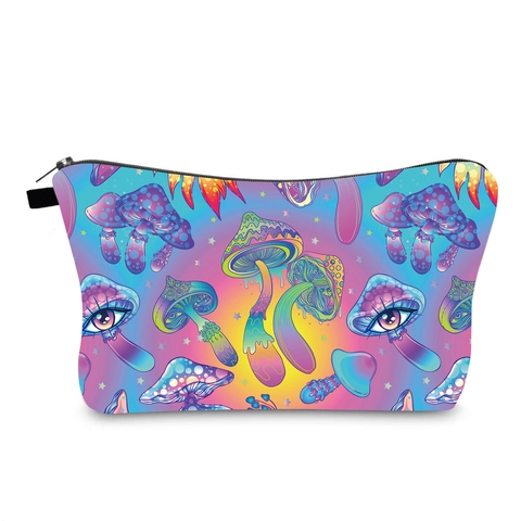 Trippy Mushroom Print Makeup Bag Colorful Neon Eye Pattern Waterproof Polyester Travel Toiletry Pouch Zipper Storage Organizer