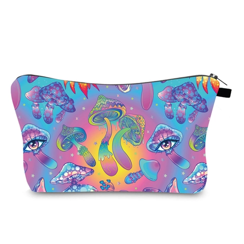 Trippy Mushroom Print Makeup Bag Colorful Neon Eye Pattern Waterproof Polyester Travel Toiletry Pouch Zipper Storage Organizer
