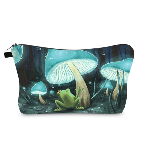 Fantasy Forest Mushroom Frog Printed Travel Makeup Bag For Women Portable Polyester Zippered Toiletry Wash Storage Pouch