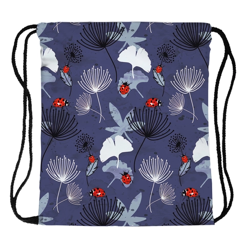 Women's Vintage Drawstring Backpack Dandelion Ladybug Print Polyester Lightweight Sport Travel Cinch Bag For Outdoor Activity