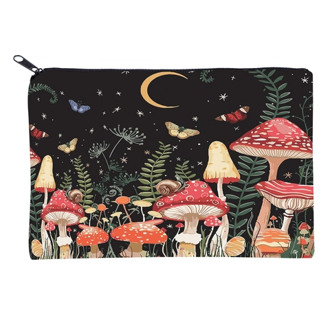 Magic Forest Mushroom Moon Printed Makeup Bag Polyester Zipper Cosmetic Pouch For Women Travel Portable Toiletries Storage Bag