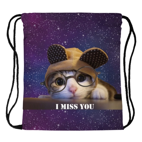 Women's Starry Sky Cat Print Drawstring Backpack Portable Lightweight Polyester Travel Sport Bag Miss You Graphic Daypack