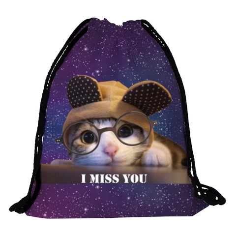 Women's Starry Sky Cat Print Drawstring Backpack Portable Lightweight Polyester Travel Sport Bag Miss You Graphic Daypack