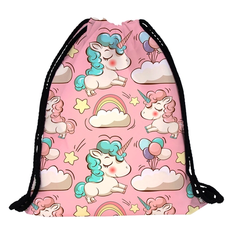 Portable Polyester Drawstring Backpack For Women Cartoon Unicorn Rainbow Printed Cinch Bag For Outdoor Travel Sports