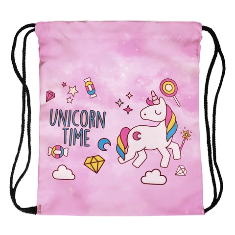 Women's Cartoon Unicorn Print Drawstring Backpack Polyester Portable Lightweight Travel Sports Gym Cinch Bag Pink
