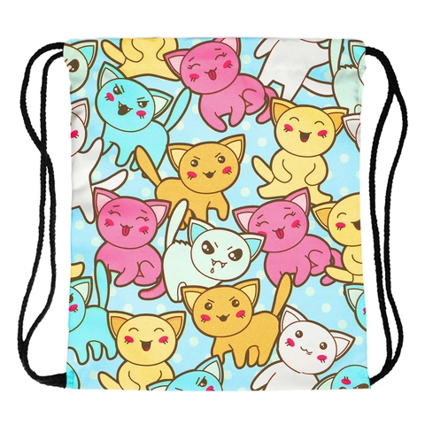 Cute Cartoon Cat Print Drawstring Backpack For Women Lightweight Polyester Storage Bag Casual Outdoor Travel School Backpack