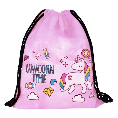 Women's Cartoon Unicorn Print Drawstring Backpack Polyester Portable Lightweight Travel Sports Gym Cinch Bag Pink