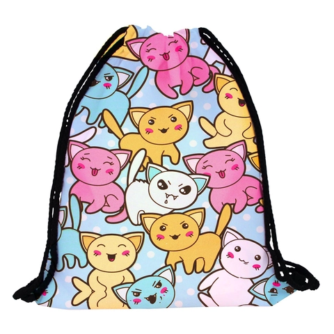 Cute Cartoon Cat Print Drawstring Backpack For Women Lightweight Polyester Storage Bag Casual Outdoor Travel School Backpack