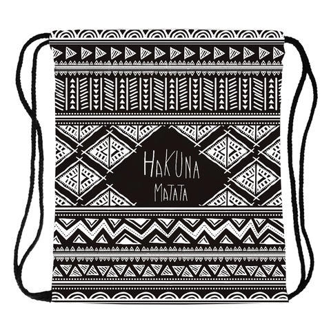 Tribal Geometric Hakuna Matata Print Drawstring Backpack For Women Men Polyester Gym Sack Outdoor Travel Sport Bag