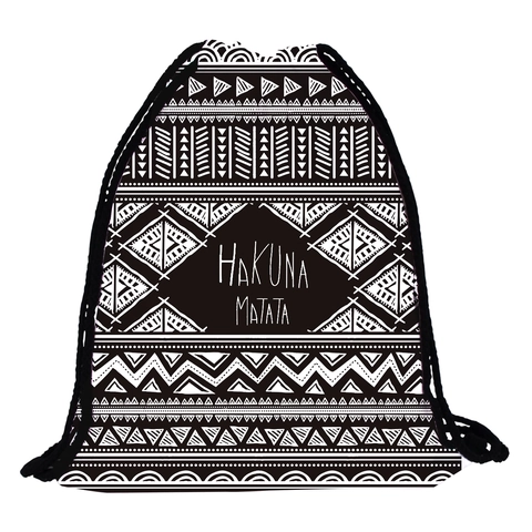 Tribal Geometric Hakuna Matata Print Drawstring Backpack For Women Men Polyester Gym Sack Outdoor Travel Sport Bag