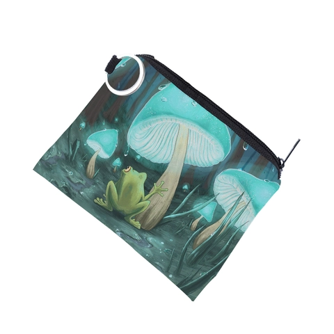 Women Mini Zipper Coin Purse Waterproof Polyester Key Chain Bag Frog Mushroom Print Portable Card Holder Small Wallet