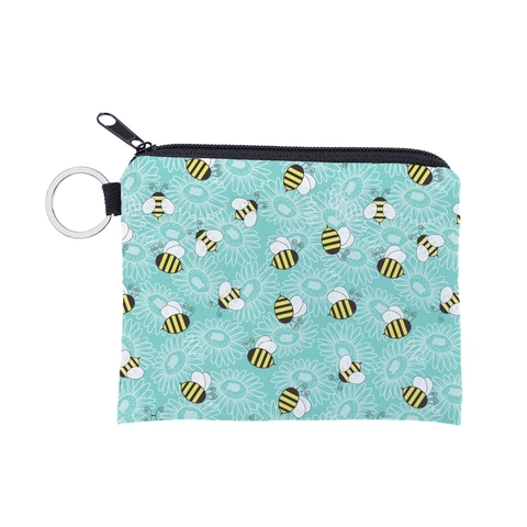 Cute Bee Print Coin Purse Waterproof Polyester Mini Wallet With Keychain Ring Small Portable Card Bag For Women