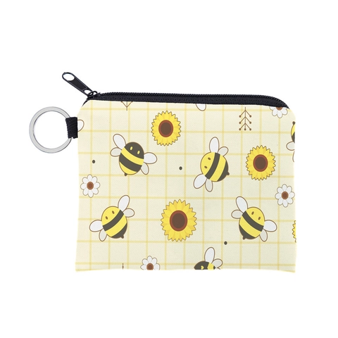 Lindo Monedero con Estampado de Abeja y Girasol Dibujos Animados Impermeable Mini Cartera de Cremallera Con Llavero Mujer