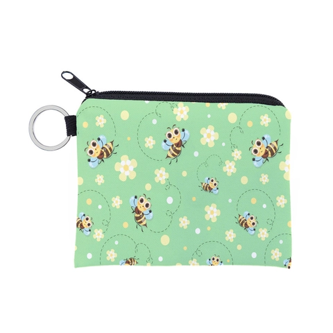 Cute Bee Floral Print Coin Purse Waterproof Polyester Mini Wallet With Keychain Ring Portable Zipper Storage Bag For Women