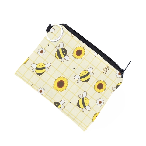 Lindo Monedero con Estampado de Abeja y Girasol Dibujos Animados Impermeable Mini Cartera de Cremallera Con Llavero Mujer