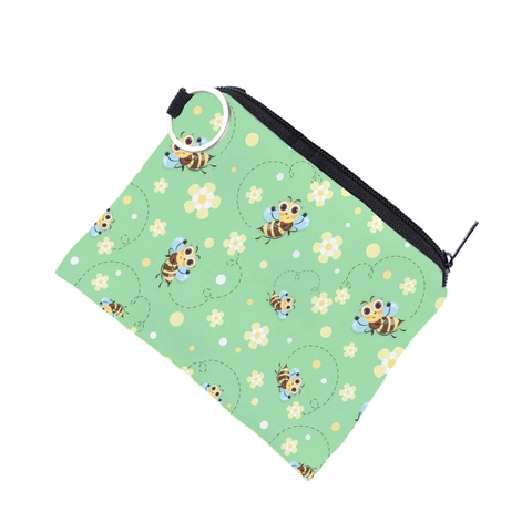 Cute Bee Floral Print Coin Purse Waterproof Polyester Mini Wallet With Keychain Ring Portable Zipper Storage Bag For Women