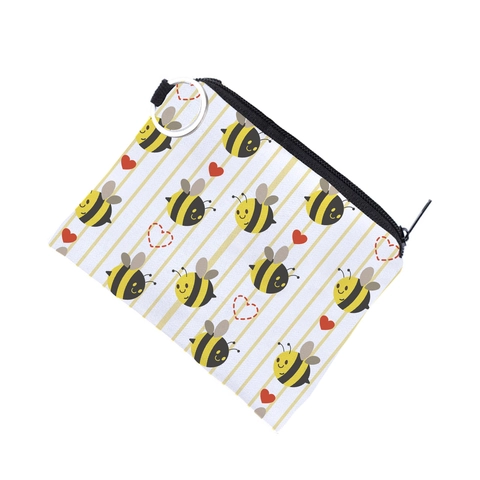 Lindo Monedero de Poliéster con Estampado de Abeja y Corazón de Dibujos Animados Mini Bolsa de Almacenamiento Impermeable
