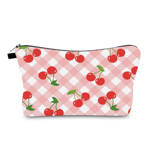 Women's Cherry Print Polyester Makeup Bag Pink White Gingham Waterproof Travel Toiletry Organizer Portable Handbag Case