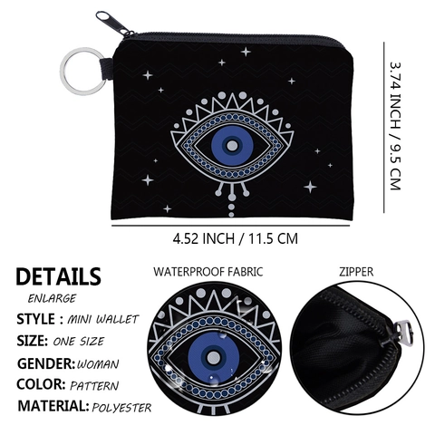 Porte-monnaie Imprimé Mauvais Œil pour Femmes Mini Portefeuille en Polyester Avec Anneau Porte-clés Imperméable Petite Pochette à Fermeture Éclair Sac Main De Fatma