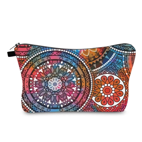 Mandala Floral Print Makeup Bag For Women Portable Travel Toiletry Organizer Polyester Bohemian Style Zipper Pouch Handbag