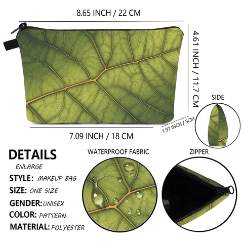 Draagbare Toilettas Voor Dames Groene Bladprint Polyester Make-up Organizer Reizen Cosmetica Tas Met Rits Handheld Tas