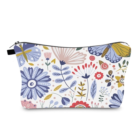 Trousse à Maquillage Imprimée Fleurs Papillon pour Femmes Organisateur de Toilette Voyage en Polyester Imperméable Pochette