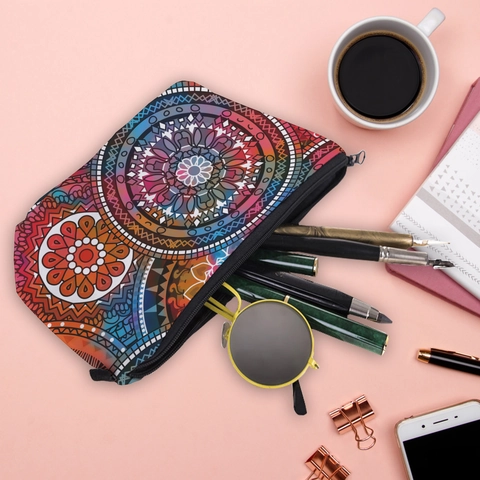 Mandala Floral Print Makeup Bag For Women Portable Travel Toiletry Organizer Polyester Bohemian Style Zipper Pouch Handbag