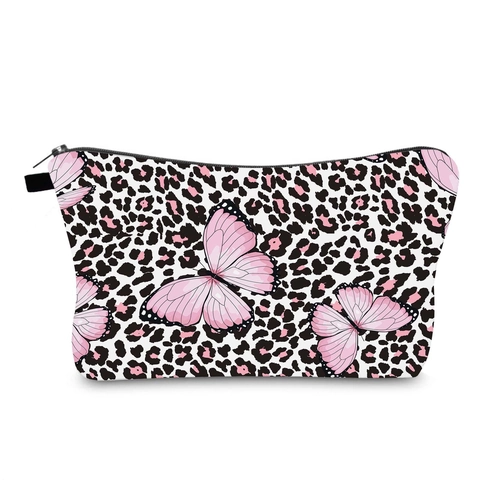 Dames Luipaardprint Vlinder Make-uptas Polyester Draagbare Reis Cosmetische Tas Waterdichte Toilettas Organizer Handtas