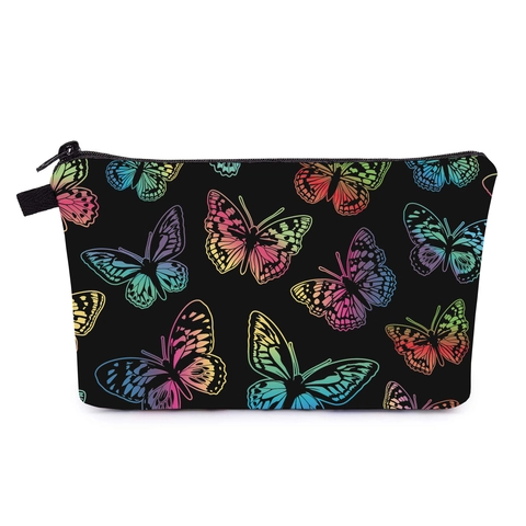 Damen Kosmetiktasche mit Schmetterlingsdruck Tragbare Reise Make-up Aufbewahrung Polyester Beutel Schwarz Kulturbeutel