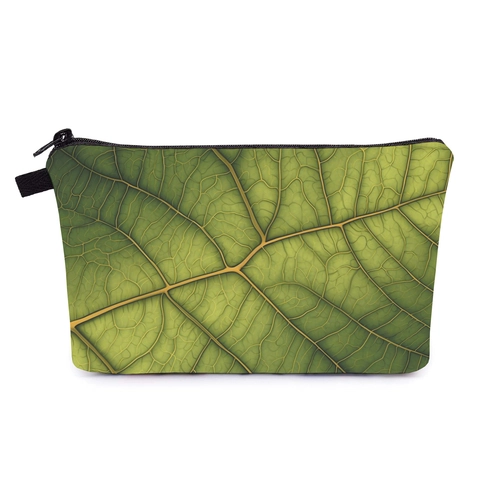 Draagbare Toilettas Voor Dames Groene Bladprint Polyester Make-up Organizer Reizen Cosmetica Tas Met Rits Handheld Tas