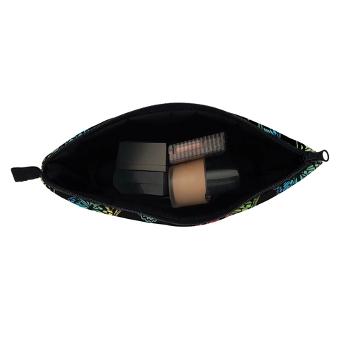Damen Kosmetiktasche mit Schmetterlingsdruck Tragbare Reise Make-up Aufbewahrung Polyester Beutel Schwarz Kulturbeutel