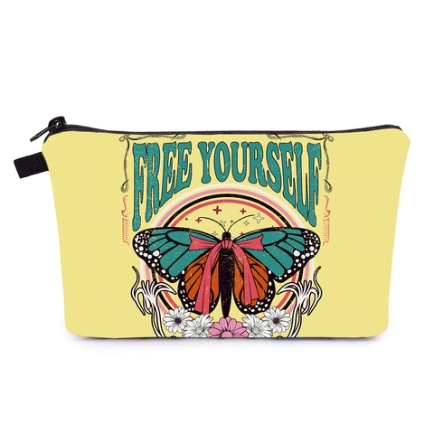 Trousse de Toilette Portable pour Femme Imprimé Papillon Voyage Polyester Rangement avec Fermeture Éclair Rétro Maquillage Sac à Main