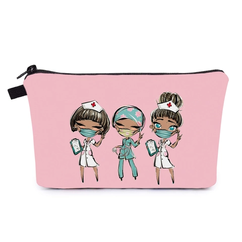 Trousse à Maquillage Rose Mignonne Imprimé Infirmière Dessin Animé Organisateur de Voyage Portable en Polyester pour Femmes