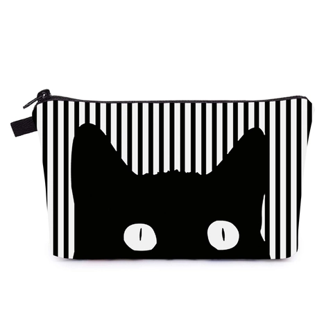 Women Striped Cat Print Cosmetic Bag Portable Travel Toiletry Bag Makeup Organizer Pouch Polyester Zipper Handbag Case
