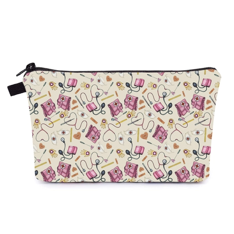 Trousse de Maquillage Portable en Polyester Imprimé Infirmière Éléments Médicaux Mignons Sac de Voyage pour Femme Trousse de Toilette