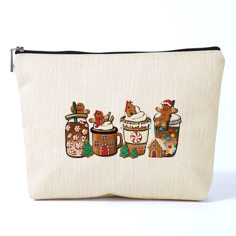 Bolsa de Maquillaje de Lino Artificial con Estampado de Hombre de Jengibre Navideño Gran Capacidad Neceser de Viaje
