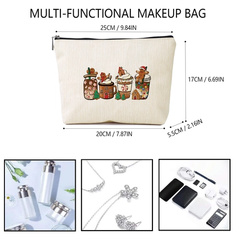 Bolsa de Maquillaje de Lino Artificial con Estampado de Hombre de Jengibre Navideño Gran Capacidad Neceser de Viaje