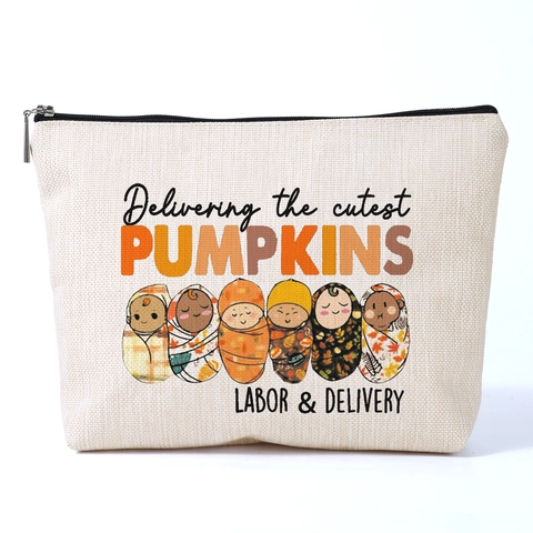Cute Baby Pumpkin Print Polyester Toiletry Bag Linen Look Zipper Cosmetic Makeup Storage Pouch Travel Wash Bag For Women