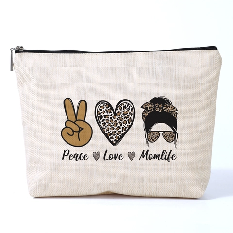 Peace Love Momlife Bedruckt Polyester Kosmetiktasche Off-White Leinenoptik Reißverschluss Reise Aufbewahrungstasche Für Damen