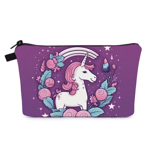 Dames Schattige Eenhoorn Print Draagbare Reis Make-uptas Polyester Waterdichte Cosmetische Opbergtas Paarse Toilettas Handtas