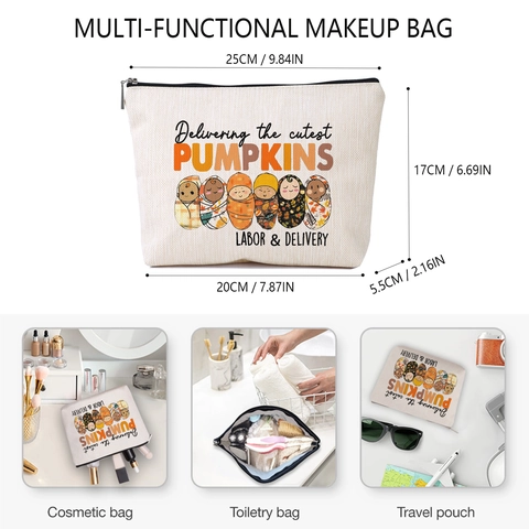 Cute Baby Pumpkin Print Polyester Toiletry Bag Linen Look Zipper Cosmetic Makeup Storage Pouch Travel Wash Bag For Women