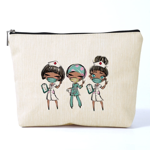 Linen Texture Polyester Makeup Bag Cute Cartoon Nurse Print Toiletry Case Portable Travel Cosmetic Storage Organizer Zipper Pouch For Women