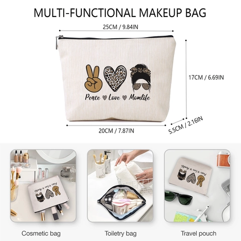 Peace Love Momlife Bedruckt Polyester Kosmetiktasche Off-White Leinenoptik Reißverschluss Reise Aufbewahrungstasche Für Damen