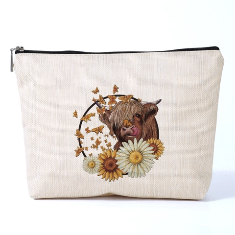 Neceser de Cosméticos Vintage con Estampado de Vaca de las Tierras Altas Poliéster Organizador de Viaje Girasol Mariposa para Mujeres