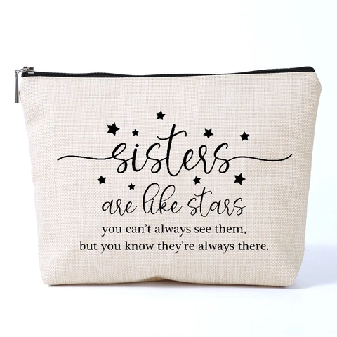 Borsa Cosmetica Vintage in Poliestere Sisters Are Like Stars con Stampa Lettere Organizer da Viaggio per Trucco Pochette con Cerniera