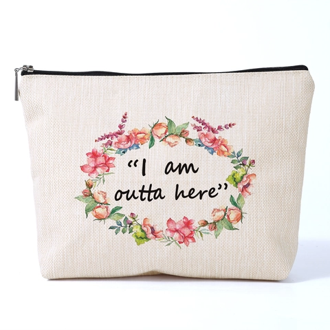 Floral Printed Polyester Makeup Bag I Am Outta Here Lettering Portable Travel Toiletry Organizer Zipper Pouch For Women Daily Use