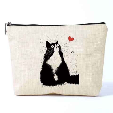 Linnen Look Polyester Make-Uptas Schattige Kat Hart Print Rits Toiletzak Vrouwen Reizen Dagelijks Cosmetische Organizer