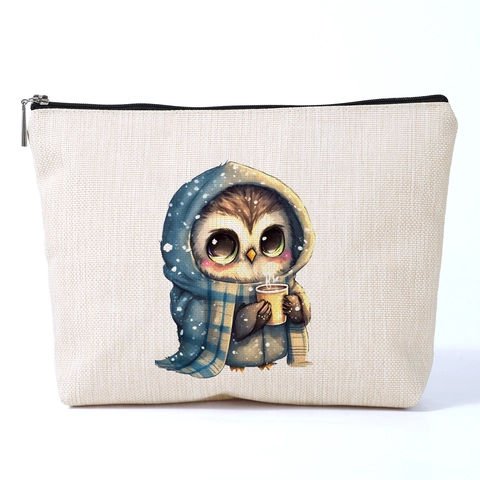 Cute Owl Pattern Printed Makeup Bag Women Polyester Linen Look Travel Toiletry Pouch Zippered Cosmetic Storage Organizer