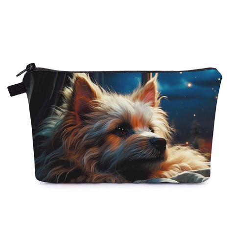 Trousse à Maquillage Portable pour Femmes Imprimé Yorkshire Terrier Ciel Étoilé Imperméable Polyester Pochette Cosmétique de Voyage
